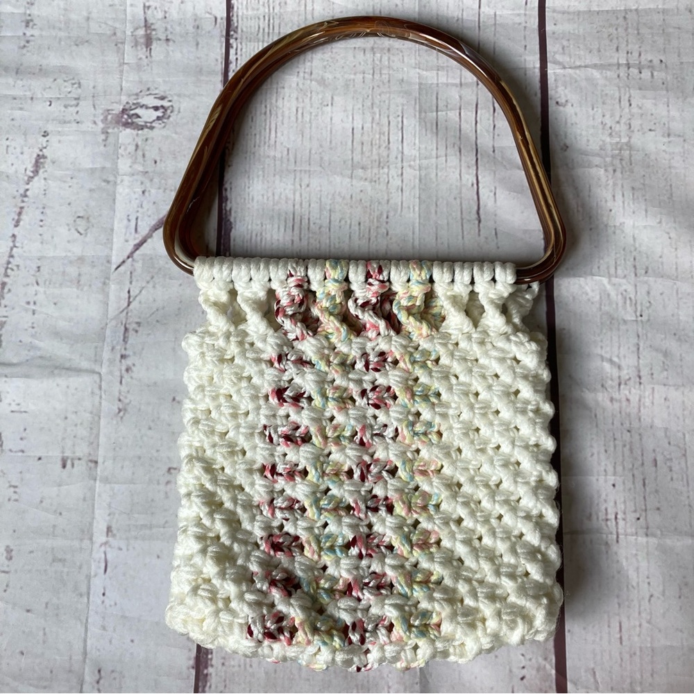 Vintage Crochet Hand Bag Purse Ivory Striped Plastic Handles Retro Boho